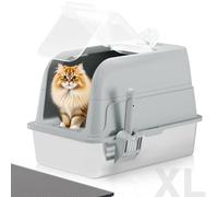 APPKER Stainless Steel Cat Litter Box Fully Enclosed, Extra Large Metal High Sided Cat Box with 120° Fully Transparent See-Through Flip Lid, Scoop & Mat - Grey - XL