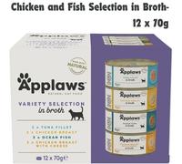 Applaws Natural Wet Cat Food, Multipack Chicken and Fish Selection in Broth 70 g Tin (Pack of 12)
