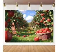 Apple Orchard Backdrop Red Apple Fruit Tree Farm Lawn Background Blue Sky Clouds Green Grass Picnic Photo Booth Banner for Kids Birthday Party Portrait Studio Decor (B, 7X5FT)