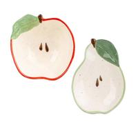 Apple & Pear Shaped Dishes | 2-Piece Ceramic Fruit Bowls with Leaf Detail | Decorative Snack Bowls for Nibbles Dips & Home Decor