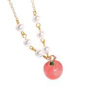 Apple Pendant Necklace For Women Cute Apple Shape Natural Stone Imitation Pearls Choker Necklace With 17+2" Chain Boho Gemstone Jewellery Accessories Gift Watermelon Crystal
