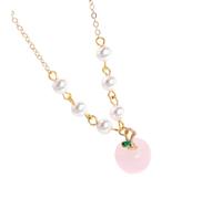 Apple Pendant Necklace For Women Cute Apple Shape Natural Stone Imitation Pearls Choker Necklace With 17+2" Chain Boho Gemstone Jewellery Accessories Gift Rose Quartz