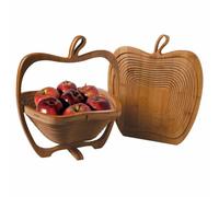Apple-Shaped Collapsible Bamboo Folding Fruit Basket Multi-Purpose Wooden Trivet Space-Saving Storage Bowl Decorative Kitchen Organizer Eco-Friendly Spiral Cut Design for Home