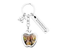 Apple Shaped Photo Charm for Graduation Cap Decorations Inspirational Picture Insert Frame Keyring with Engraved Tag Silver Memorial Photo Charms for Women Men Memory Graduation Gifts for Daughter Son