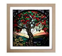 Apple Tree Stained Glass Effect Framed Wall Art Print, Ready to Hang Picture for Living Room Bedroom Home Office, Oak 18 x 18 Inch (45 x 45 cm)