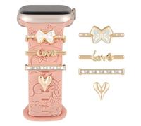 Apple Watch Charm + Band 40mm 41mm 38mm 44mm 45mm 46mm 42mm Silicone Sport Band with Flower Engraving Decorative Loops for iWatch Series 11 10 9 8 7 6 5 4 SE/Ultra, Love Bow Gold, All models/sizes