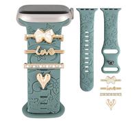 Apple Watch Charm + Band 40mm 41mm 38mm 44mm 45mm 46mm 42mm Silicone Sport Band with Flower Engraving Decorative Loops for iWatch Series 11 10 9 8 7 6 5 4 SE/Ultra, A-02-Green + Love Bow, Gold, 42