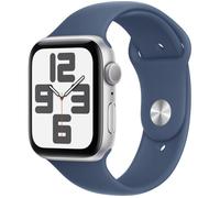 APPLE Watch SE - 44 mm Silver Aluminium Case with Denim Sport Band, S/M, Blue,Silver/Grey