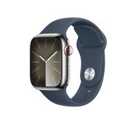 Apple Watch Series 9 [GPS + Cellular 41mm] Smartwatch with Silver Stainless Steel Case with Storm Blue Sport Band M/L. Fitness Tracker ECG