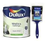 Apple White Walls & Ceilings Silk Emulsion Paint 2.5L + 3" Emulsion Paint Brush - Smooth Washable Silk Finish, Quick Dry, Low-VOC, Easy Application for Interior Walls & Ceilings