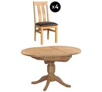 Appleby 2-4 Seater Oak Round Extending Dining Set - 4 Arizona Slatted Chair with Black Faux Leather Seat Pad