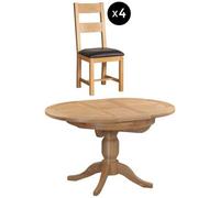 Appleby 2-4 Seater Oak Round Extending Dining Set - 4 Ladder Back Chair with Black Faux Leather Seat Pad