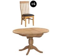 Appleby 2-4 Seater Oak Round Extending Dining Set - 4 Toulouse Chair with Black Faux Leather Seat Pad