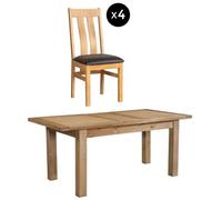 Appleby 4-6 Seater Oak Extending Dining Set - 4 Arizona Slatted Chair with Black Faux Leather Seat Pad