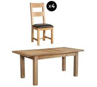 Appleby 4-6 Seater Oak Extending Dining Set - 4 Ladder Back Chair with Black Faux Leather Seat Pad