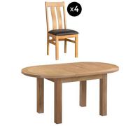 Appleby 4-6 Seater Oak Oval Extending Dining Set - 4 Arizona Slatted Chair with Black Faux Leather Seat Pad