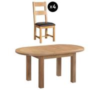 Appleby 4-6 Seater Oak Oval Extending Dining Set - 4 Ladder Back Chair with Black Faux Leather Seat Pad