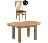 Appleby 4-6 Seater Oak Oval Extending Dining Set - 4 Toulouse Chair with Black Faux Leather Seat Pad