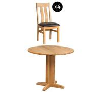 Appleby 4 Seater Oak Round Drop Leaf Dining Set - 4 Arizona Slatted Chair with Black Faux Leather Seat Pad