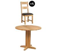 Appleby 4 Seater Oak Round Drop Leaf Dining Set - 4 Ladder Back Chair with Black Faux Leather Seat Pad