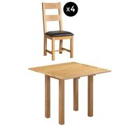 Appleby 4 Seater Oak Square Drop Leaf Dining Set - 4 Ladder Back Chair with Black Faux Leather Seat Pad