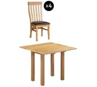 Appleby 4 Seater Oak Square Drop Leaf Dining Set - 4 Toulouse Chair with Black Faux Leather Seat Pad