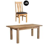 Appleby 6-8 Seater Oak Extending Dining Set - 6 Arizona Slatted Chair with Black Faux Leather Seat Pad
