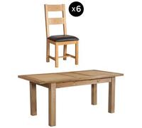 Appleby 6-8 Seater Oak Extending Dining Set - 6 Ladder Back Chair with Black Faux Leather Seat Pad