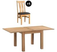 Appleby Oak 2-6 Seater Flip Top Extending Dining Set - 4 Arizona Slatted Chair with Black Faux Leather Seat Pad