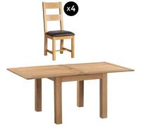 Appleby Oak 2-6 Seater Flip Top Extending Dining Set - 4 Ladder Back Chair with Black Faux Leather Seat Pad