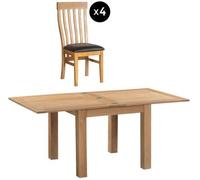 Appleby Oak 2-6 Seater Flip Top Extending Dining Set - 4 Toulouse Chair with Black Faux Leather Seat Pad