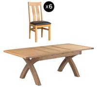 Appleby Oak 6-8 Seater Extending Dining Set - 6 Arizona Slatted Chair with Black Faux Leather Seat Pad