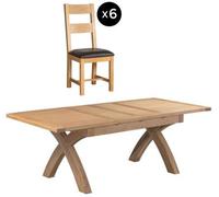 Appleby Oak 6-8 Seater Extending Dining Set - 6 Ladder Back Chair with Black Faux Leather Seat Pad