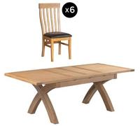Appleby Oak 6-8 Seater Extending Dining Set - 6 Toulouse Chair with Black Faux Leather Seat Pad