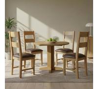Appleby Round Drop Leaf Dining Set - 4 Seater - 30cm-90cm - Oak - with 4 Ladder Back Chairs - Black Faux Leather Seat Pad