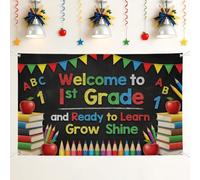 Apples Backdrop, Playful Educational Books Crayons Back to Campus Red Photo Background for Home Room Wall Celebration Display Decor 71x43 Inch