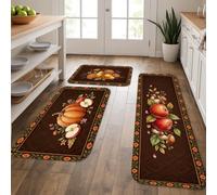 Apples Kitchen Rugs Sets of 3, Farmhouse Rustic Pumpkins Flowers Fall Brown Washable Soft Padded Floor Mat Decor for Sink Area Laundry Room Bathroom Entryway