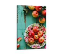 Apples on Floral Plate Wall Art, Realistic Print, Fruit Poster, Fresh Canvas Picture, Warm Decor for Living Room Artistic Wall Mural Modern Hanging Decor Poster20x30inch(50x75cm)