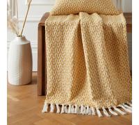Appletree - Ochre Check Throw (180 x 130cm) - Sustainable Recycled Cotton - Textured Yellow Blanket - Ochre Sofa Throw with Tassels - Woven Blanket - Cotton Throw Blanket in Yellow - Knitted Throw