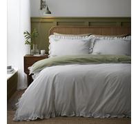 Appletree Boutique Frilled Embroidered Bow Stripe Green Duvet Cover Set King - Stripe Frilled Trim Bedding - Breathable Cotton - Includes 1 Duvet Cover (220 x 230cm) & 2 Pillowcases
