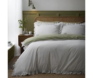 Appletree Boutique Frilled Embroidered Bow Stripe Green Duvet Cover Set Super King - Stripe Frilled Trim Bedding - Breathable Cotton - Includes 1 Duvet Cover (260 x 220cm) & 2 Pillowcases