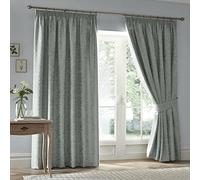 Appletree Green Jacquard Curtains W66 x L90" (168 x 229cm) - Damask Curtains - Soft-Touch Microfibre - Lined - Floral Pencil Pleat Curtains - 2 Tie Backs Included