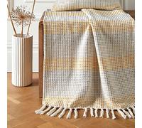 'Reva' 100% Cotton Bedspread Throw Woven Stripes With Tasselled Edges Appletree Mustard One Size