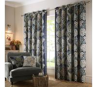 'Evelina' Geometric Floral Lined Pair of Eyelet Curtains Appletree Navy 168cm width x 137cm drop