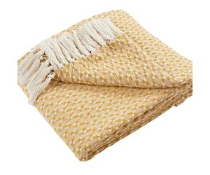 Appletree - Ochre Check Throw (180 x 130cm) - Sustainable Recycled Cotton - Textured Yellow Blanket - Ochre Sofa Throw with Tassels - Woven Blanket - Cotton Throw Blanket in Yellow - Knitted Throw