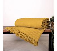 Appletree - Ochre Waffle Throw (200 x 150cm) - 100% Cotton - Large Throw/Large Blanket - Ochre Sofa Throw with Tassels - Woven Blanket - Throw Blanket in Ochre - Knit Throw - Yellow Waffle Blanket