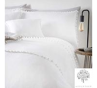 Appletree Paignton-Pompom Duvet Cover Set, 100% Brushed Cotton, White, Double