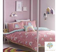 Appletree - Pink Rainbow Duvet Cover - Double Bedding Size (200 x 200cm) - Soft 100% Cotton - 2 Pillowcases - Tufted Pom Piped Edge - Reversible Colours - Pink Bedding with Rainbow Print