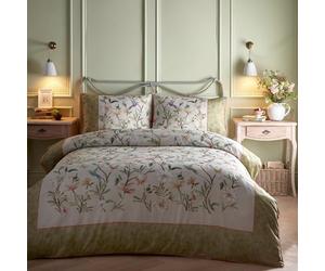 Appletree - Sage Green Floral & Humming Birds Duvet Cover - Super King Bedding Size (260 x 220cm) - 200 Thread Count - 100% Cotton Sateen - 2 Pillowcases - Green Floral Bedding with Birds