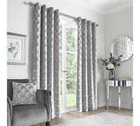 Appletree - Silver Jacquard Curtains W66 x L54 (168 x 137cm) - White Silver Eyelet Curtains - Luxury Curtains for Bedroom/Living Room - Light Grey Door Curtain/Drapes - Worcester Collection